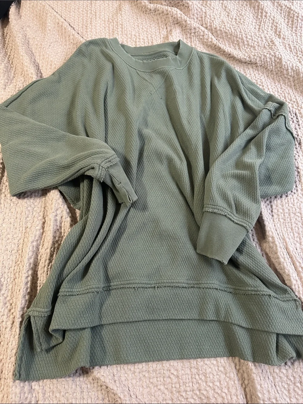 aerie Sage Green Waffle Knit Pullover Sweatshirt - Picture 1 of 2
